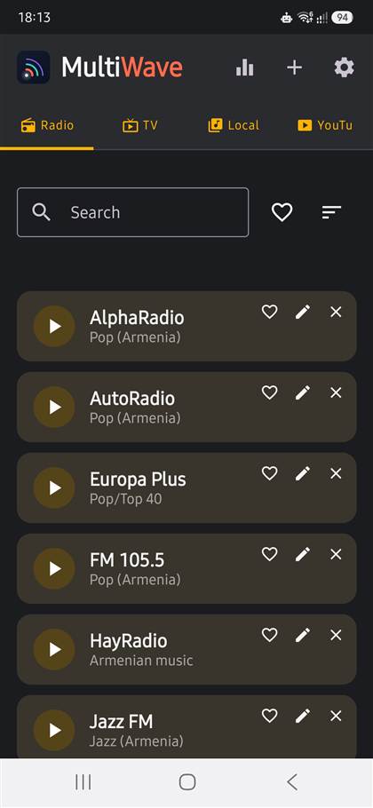 MultiWave Radio tab showing a list of Armenian radio stations