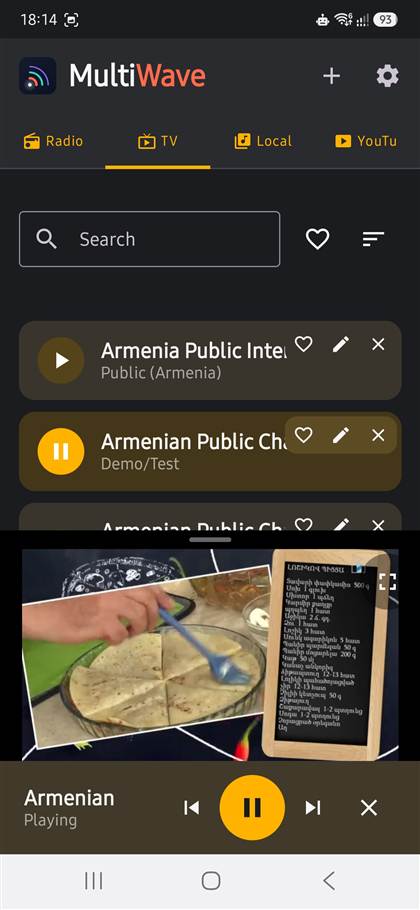 MultiWave TV tab playing a cooking show