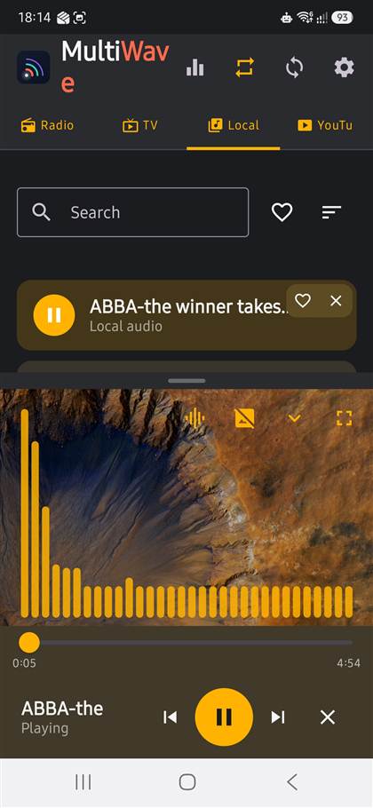 MultiWave Local tab playing a downloaded audio file with an animated equalizer