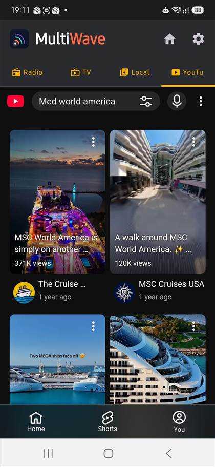 MultiWave YouTube tab with search results